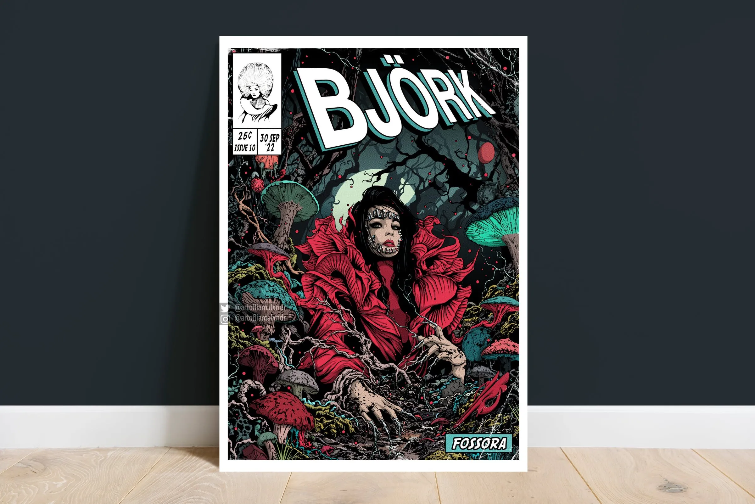 One of Liam's comic cover prints standing against a dark wall