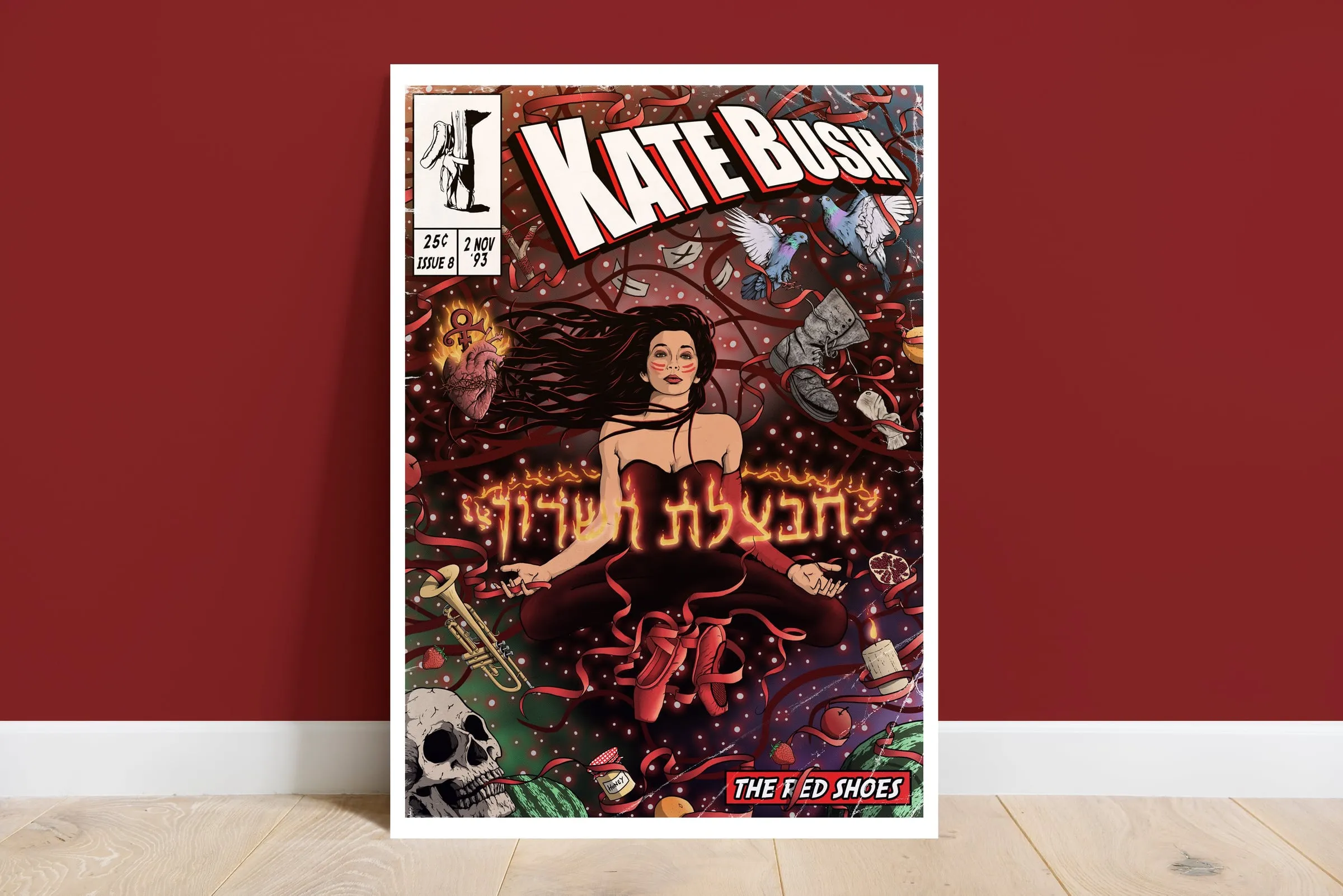One of Liam's comic cover prints on a wall