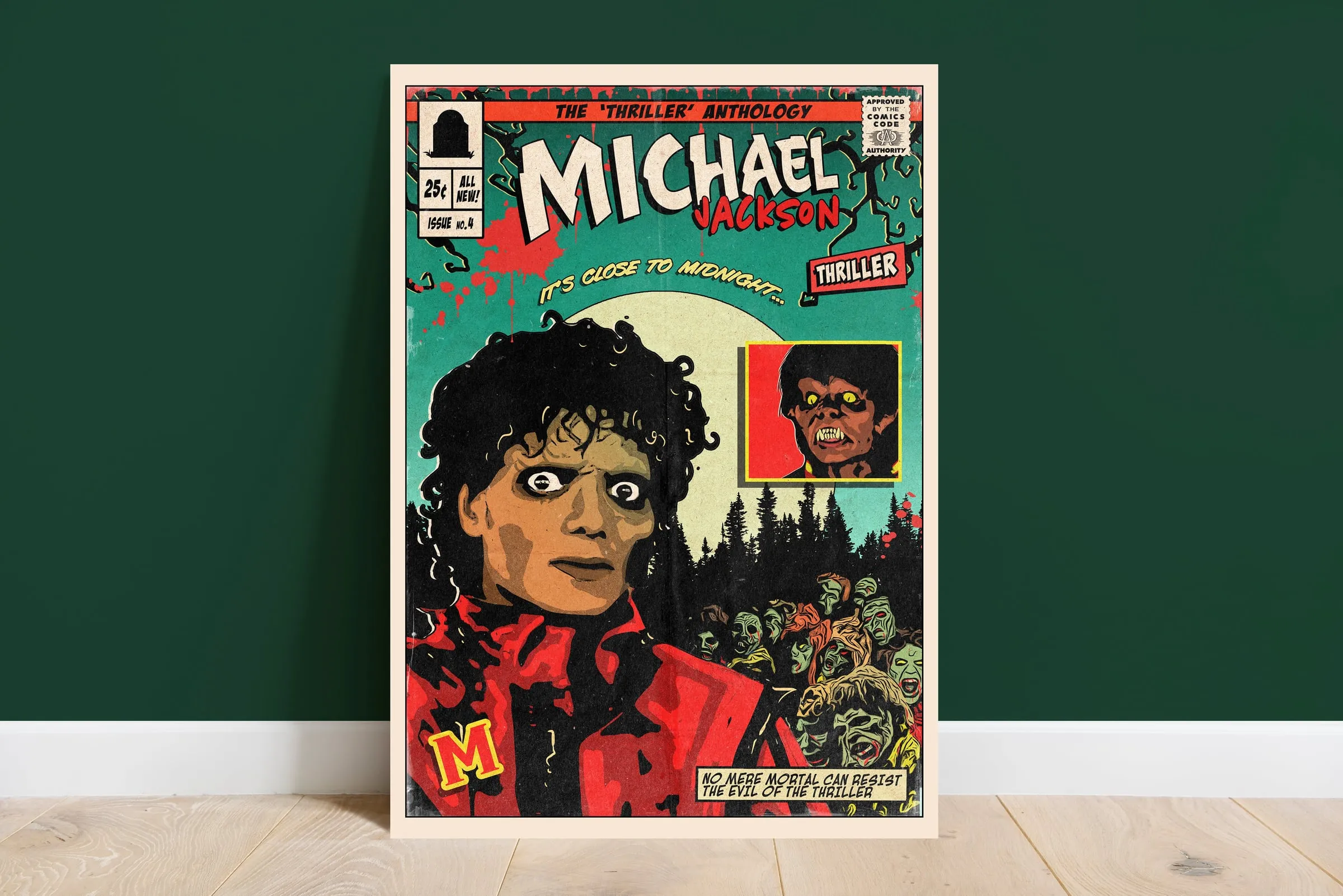 One of Liam's comic cover prints standing against a wall